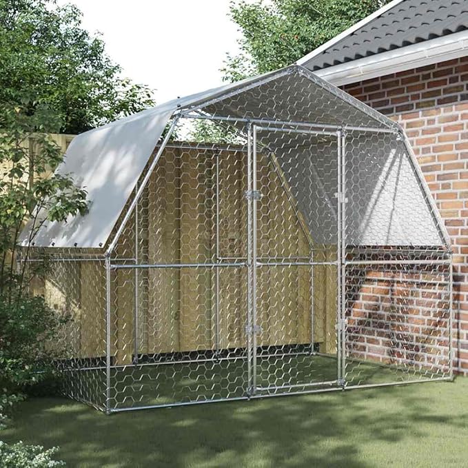 Large Silver Galvanized Steel Outdoor Animal Pen 76.8"x112.2"x90.6" Chicken Coop Rabbit Run UV-Resistant Roof Lockable Door for Backyard Farm Garden