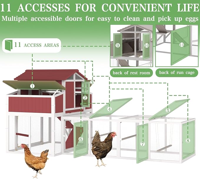 115.36" L 2-Story Chicken Coop with Extra Run Cage,Chicken House Hen House with 2 Large Nesting Boxes,Expandable Poultry Cage for 4-6 Chicken with 4 Perching Bars,Pull-Out Tray,Ramps(RED)