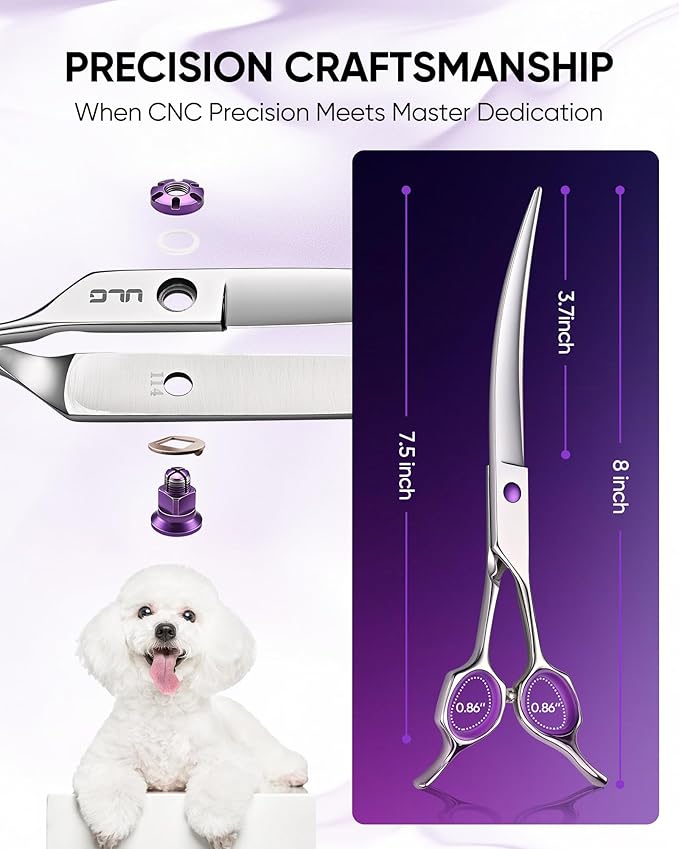 ULG 30° Curved Dog Grooming Scissors 440C Stainless Steel, 7.5" Professional Pet Grooming Shears with Reversible Butterfly Handles, Dog Scissors for Grooming Face, Eyes, Paws & Body