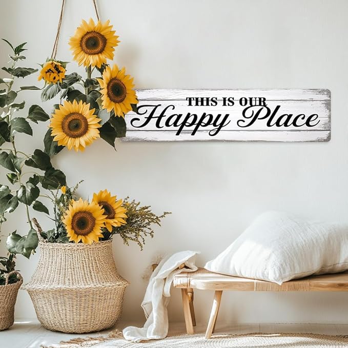 Rustic Room Decorative Sign - ''This Is Our Happy Place'' Metal Sign, 16x4 Inch - Farmhouse Art Sign For Home, Office, Restroom, Bar or Cafe Wall Decor, Space Decor