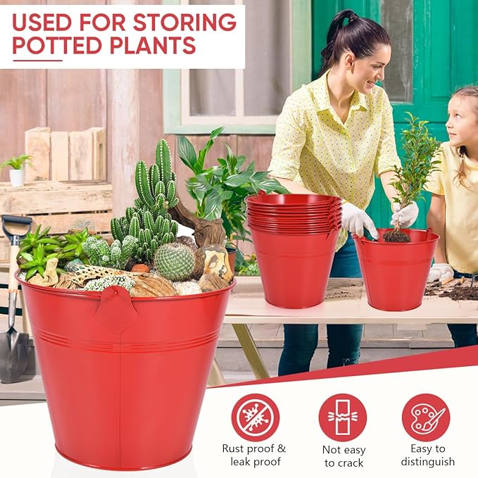 OBTANIM 7 Pack Red Metal Buckets with Handle Galvanized Ice Pails for Plants, Succulents, Party Favors Organizing, Rustic Home Decor or Classrooms Pencil Storage (9.1 x 6.7 inch)