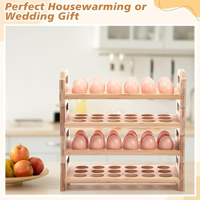 4 Tier Wooden Egg Holder for Countertop, Bamboo Stackable Fresh Eggs Storage Farmhouse Collecting Rack for Gathering Kitchen Organizer or Easter Egg Display, Stackable with 72 Eggs(Wood)