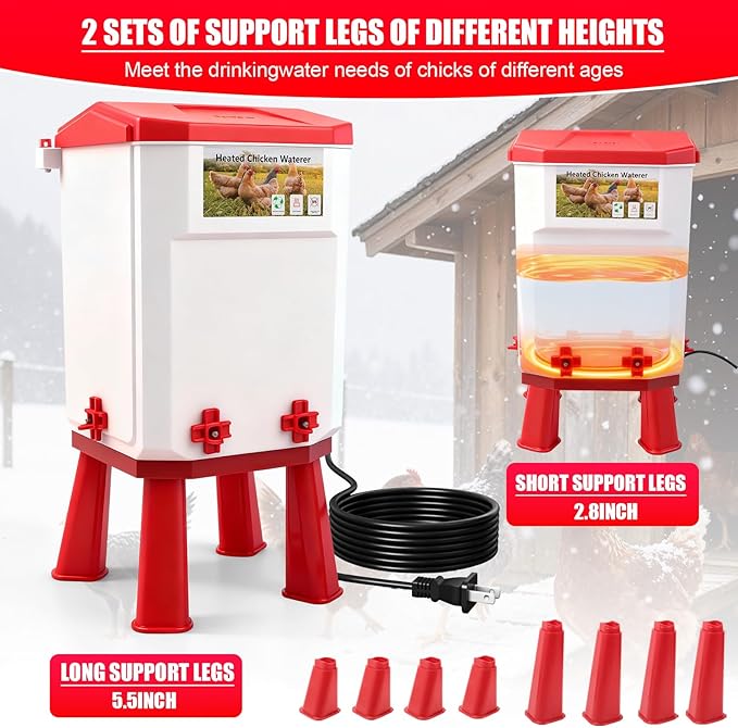 3 Gallon Heated Chicken Waterer for Winter Automatic Chicken Water Heater,Adsjustable Height Anti-Freezing Poultry Watering System with Thermostatic Control,Red,12.5 in x 8.3 inch x 8.3 in