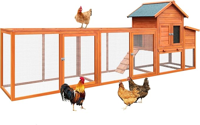 122" Wood Chicken Coop with Nesting Box,Outdoor Chicken Run W/Run&Perch,Wooden Large Hen House W/Ramp&Sliding Trays,Waterproof Poultry Cage W/Sloped Asphalt Roof,for Backyard Farm Use,Natural