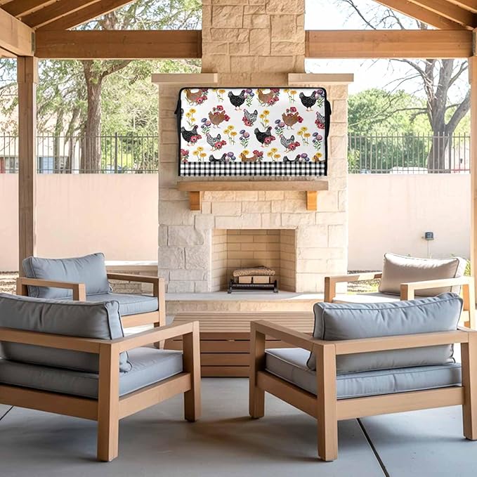 Waterproof Outdoor TV Cover 52 to 55 Inch, Farm Chicken Flower Outside Flat Screen Televisions Weatherproof Cover Size 52"L x 30"H, White Black Plaid TV Protector With Zipper