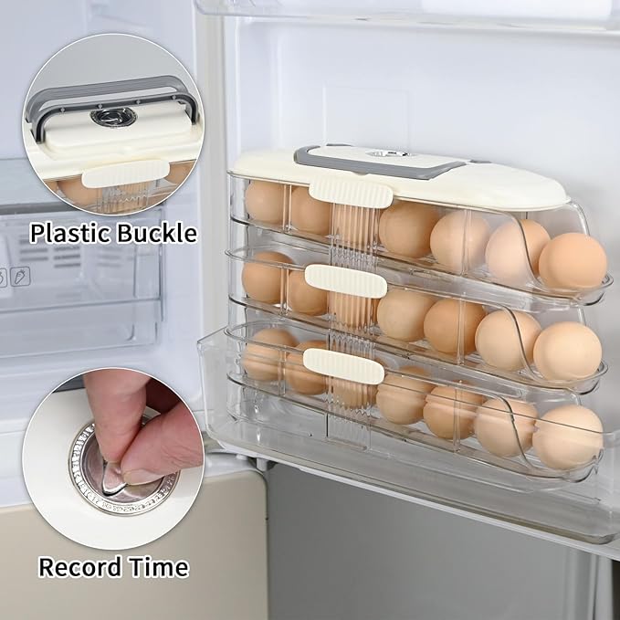 Egg Dispenser for Refrigerator, 3-Layer Clear Plastic Egg Holder Adopt Transparent PET Material & Hidden Handle Design – Egg Organizer for Refrigerator with Cover Lock Buckle (Capacity for 21 Eggs)