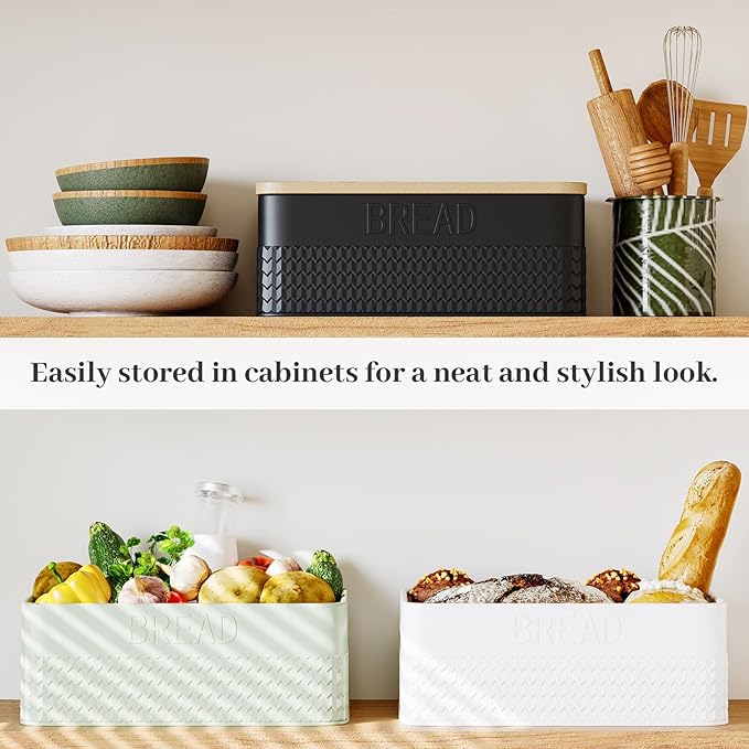 Bread Box for Kitchen Countertop - Metal Bread Storage with Bamboo Cutting Board Lid & Bread Knife, Corner Bread Container for Homemade Bread and Toast, Black