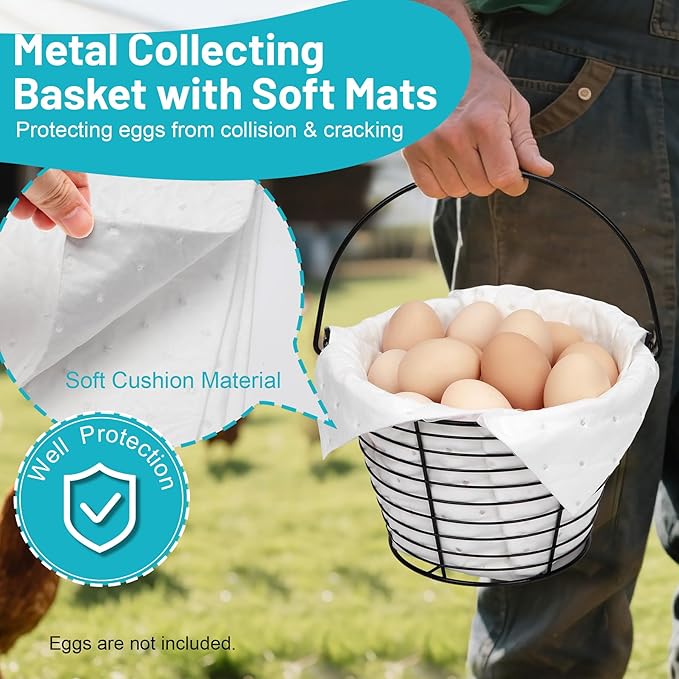 Egg Basket for Collecting & Carrying Chicken Eggs, 2 PCS 8" Wire Egg Basket with Soft Mats, Egg Collecting Baskets, Storagre & Transporting, Black