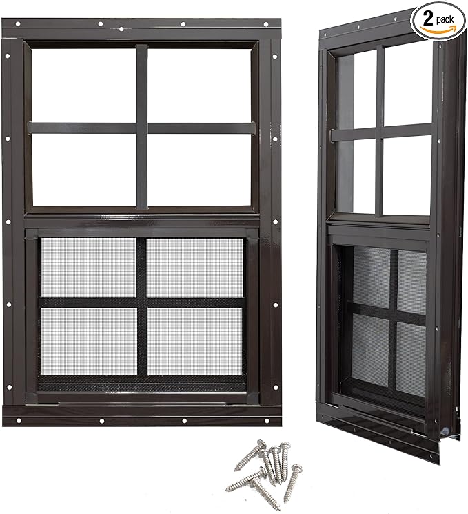 NeatiEase 2 Pack Shed Windows with Black Frame, 12x 18 Flush Mount Small Window with Tempered Glass and Fiberglass Screen for Shed, Chicken Coop, Playhouse, Household, Garage (Brown)