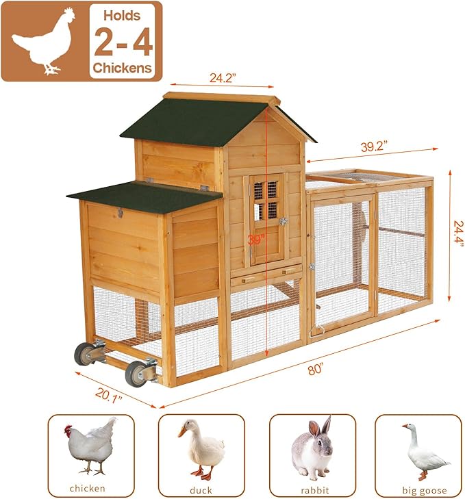80’’ Large Chicken Coop with Wheels,Mobile Chicken House for 2-4 Chickens,Wooden Waterproof Hen House with Nesting Box,Run,Tray for Chicken Rabbit Duck