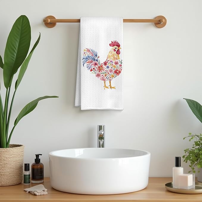 Rustic Floral Rooster Kitchen Towels, Gifts for Chicken Lovers Dish Tea Towels, Farmhouse Flower Chicken Decorative Hand Towel for Bathroom Kitchen, 16x24 Inch