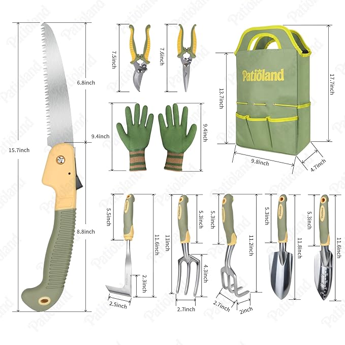 10-Piece Garden Tool Set, Green Gardening Hand Tools Kit with Non-Slip Handles, Heavy Duty Rust-Proof Aluminum Tools, Organizer Tote Bag & Gardening Gloves, Ideal Gardening Gifts for Men and Women