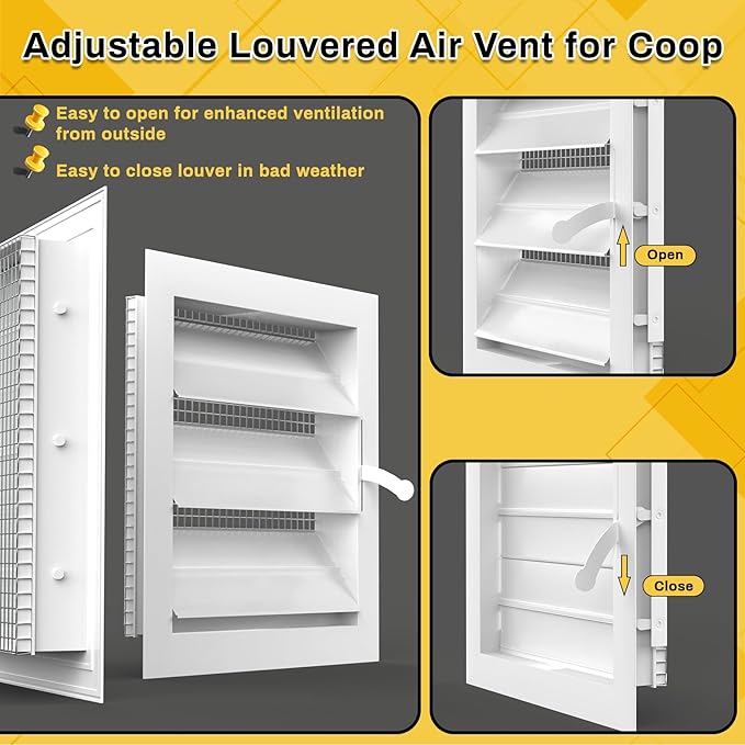 2 Pack Air Vent Louver for Chicken Coop, 12" x 12" Adjustable Chicken Coop Window with Screen Mesh, Metal Louvered Exhaust Grille for Ventilation of Poultry Habitat, Shed, Attic