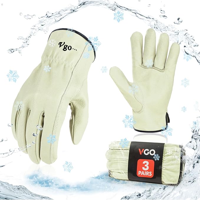 Vgo... 3 Pairs 32℉ Lined Pigskin Leather Work and Driver Gloves, For Heavy Duty, Truck Driving, Warehouse, Gardening, Farm (Size M, Cream, PA9501F)