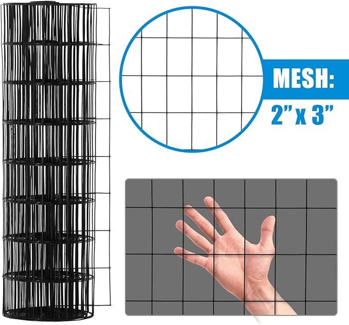 Fencer Wire Vinyl Coated 16 Gauge Welded Fence Wire Roll, Mesh Size 2-Inch x 3-Inch, Black Metal Garden Fencing Wire Grid Hardware Cloth, Multiple Use for Home Improvement
