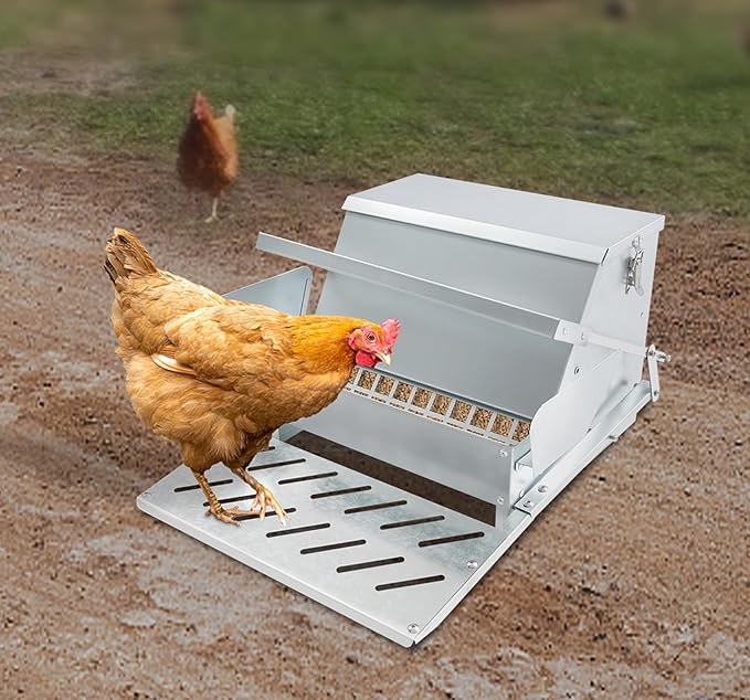 Automatic Chicken Feeder 25Lbs Large Capacity No Waste Poultry Feeder, Galvanized Steel Chicken Treadle Feeders Rat Proof Outdoor for Ducks,Pheasants, Fowl, Bantams