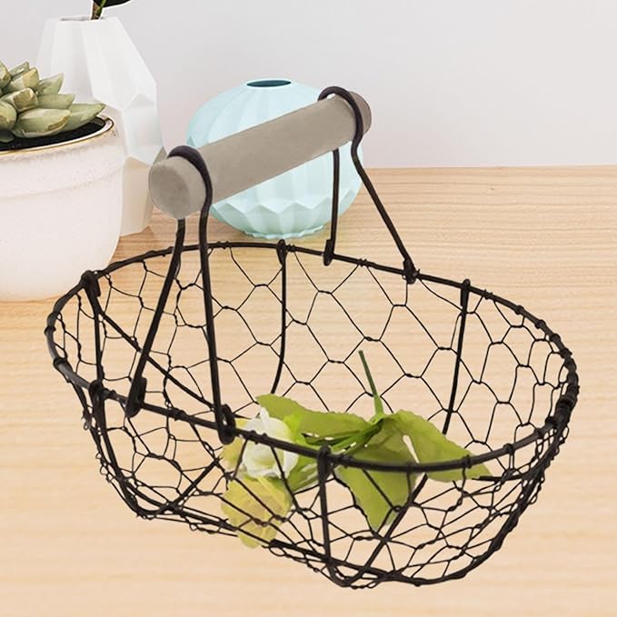 Wire Egg Basket with Wooden Handle Rustic Snack Basket Kitchen Storage Vintage Vegetables Basket for Farmhouse Decor- Coffee