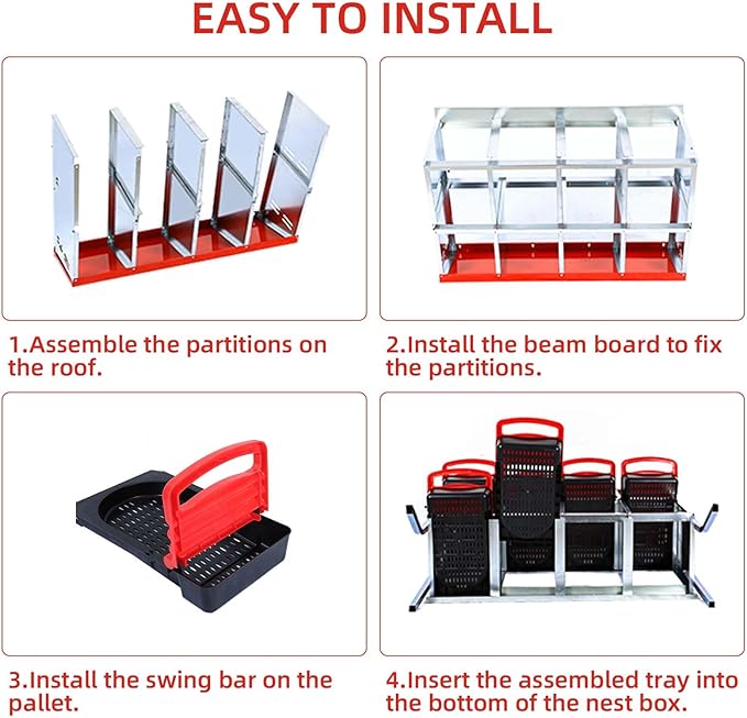 Metal Chicken Nesting Box – 8 Compartments Roll Away Egg Box, Easy Clean Hen Roosting Boxes with Stand, Ideal for Laying Hens, Durable Poultry Coop Accessory – with Bracket Legs, Red