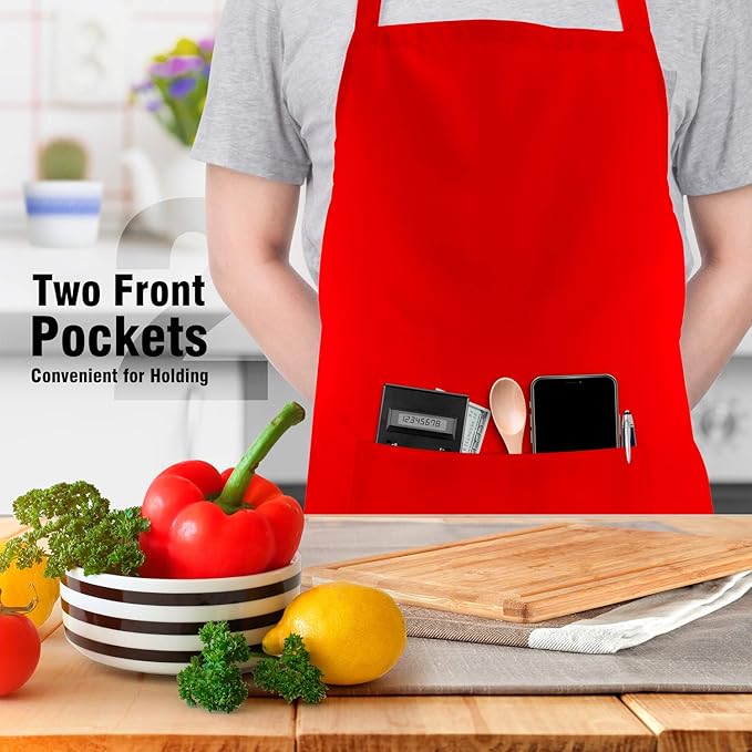 Xornis 2 Pack Bib Aprons with 2 Pockets Kitchen Apron Cooking Chef, Red