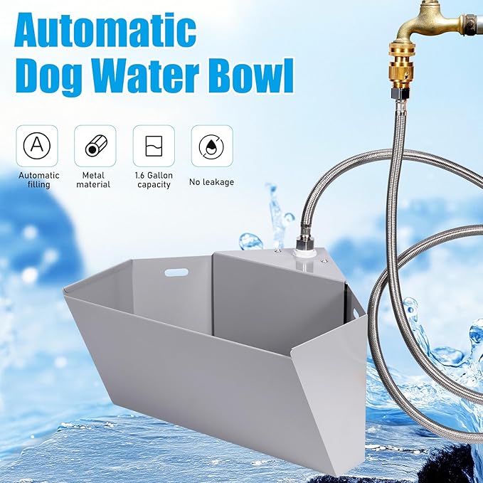 1.6Gal Automatic Livestock Waterer with Float Valve, Self-Filling Drinking Trough Corner Wall Mount, Stainless Steel Dog Water Feeder for Horse Goat Cattle Pets