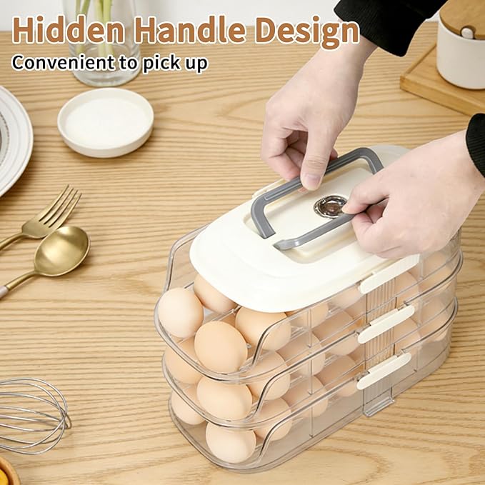 Egg Dispenser for Refrigerator, 3-Layer Clear Plastic Egg Holder Adopt Transparent PET Material & Hidden Handle Design – Egg Organizer for Refrigerator with Cover Lock Buckle (Capacity of 42 Eggs)