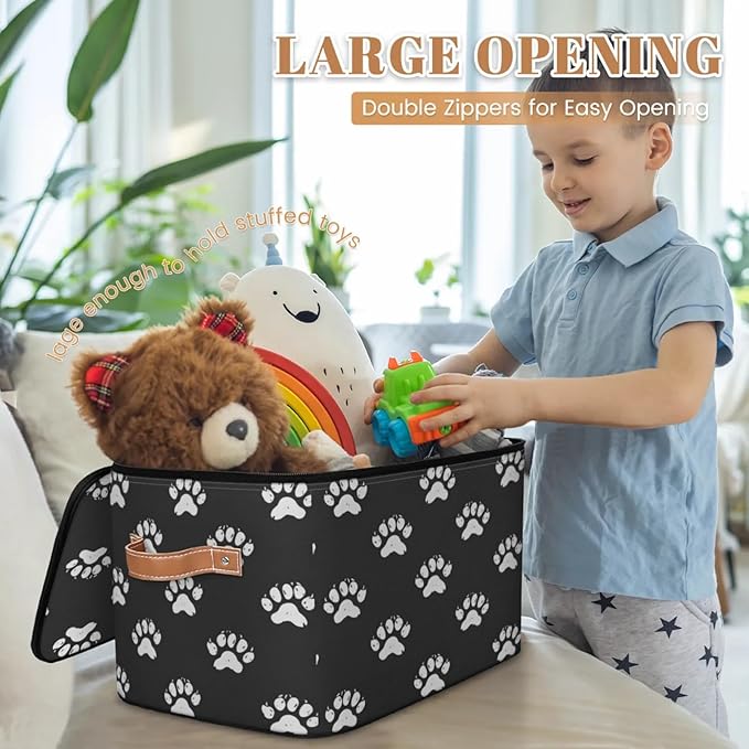 Storage Cubes with Lid Fabric Storage Bins Boxes PU Leather Handles, Paw Print Closet Organizer Container Foldable Washable Shelf Cloth Basket, Cute Dog Cat Paw