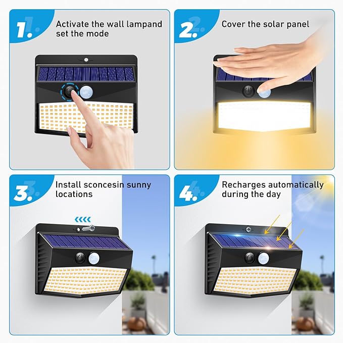 Peasur 1 Pack Solar Motion Lights Outdoor, Solar Security Light with 3 Modes, IP65 Waterproof Flood Lights Outside for Camping Garden Patio Garage Backyard, Warm