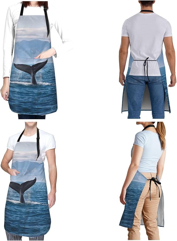 Kitchen Aprons for Men Women Waterproof Apron with 2 Pockets Whale Tail Apron Adjustable Bib Aprons