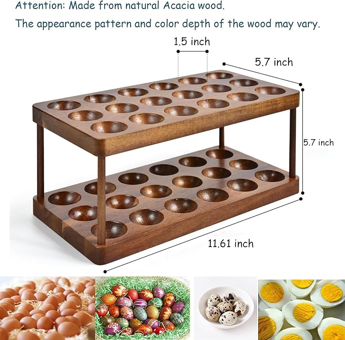 Acacia Wooden Double Layer Egg Holder, 36 Capacity Farmhouse Kitchen 2 Tier Fresh Egg Storage Rack Basket, Deviled Eggs Plates Eggs Tray Organizer for Countertop