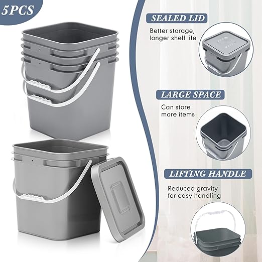 Mumufy 5 Pcs 3.5 Gallon Square Food Grade Bucket with Lid Square Bucket Pail Plastic Handles for Long Term Food Storage, Camping, Fishing, Home Organization Easy Stack and Store (Gray)