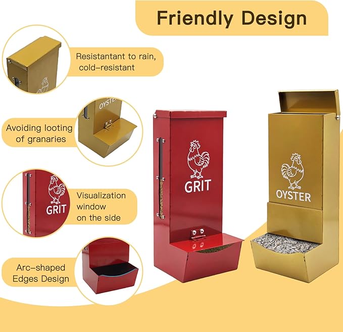 Chicken Oyster Shell Feeder and Grit Feeder, Heavy Duty Metal Automatic Chicken Feeders with Lid, Gravity-Fed Chicks Food Dispenser Hanging Poultry Feeders 2 Pack