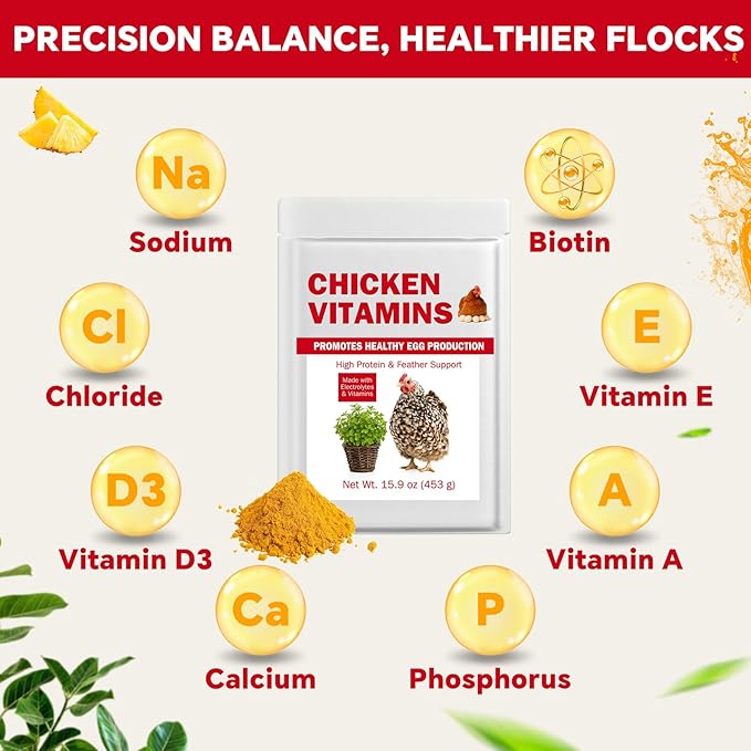 Chicken Vitamins & Electrolytes for Water — Immunity, Feather Health & Egg Production — Hydration + Glossy Feathers + Stronger Shells — Electrolytes, Calcium & Biotin, Vitamin D3 — 16 oz Powder