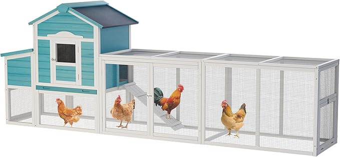 Large Wooden Chicken Coop Outdoor Hen House with Run, Waterproof Roof & Nesting Box, Secure Lock, Removable Tray, Ramp & Perch for 2–4 Chickens or Small Pets (Blue, 121.30)