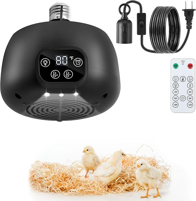 1 Pack Chicken Coop Heater with Remote, 200W Chicken Coop Warmer Temperature Control with Lights, Heat Lamps for Chickens with Digital Display and 5Ft Cable for Reptiles/Duck/Lizard
