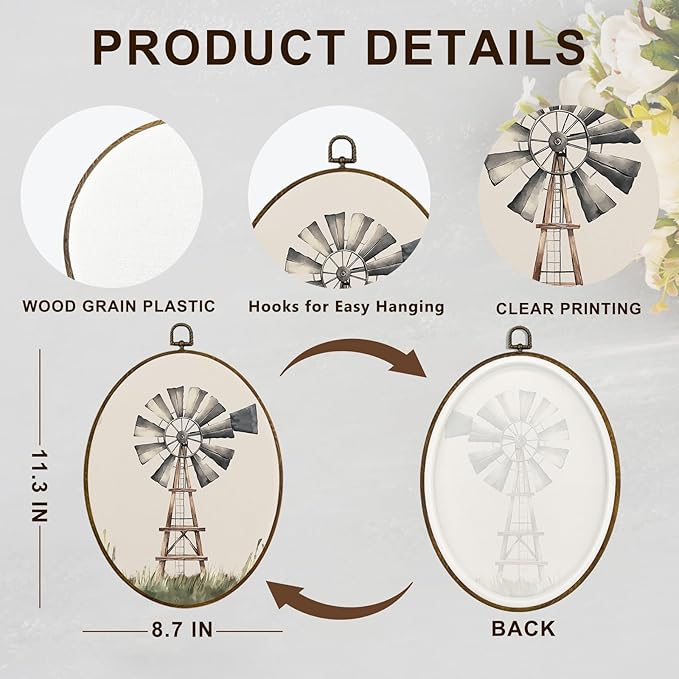 dvhdajed Vintage Cottagecore Windmill Oval Wall Art Decor,Retro Cottagecore Windmill Framed Canvas Art,Country Farm Windmills Oval Wall Hanging Decor for Nursery Bedroom Living Room，8.7x11.3 Inch