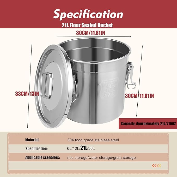 5.5Gal 304 Stainless Steel Airtight Canister,Metal Bucket Large Stainless Steel Canisters - Locking Clamp & Airtight Lids - Dog Food/Bird Seed/Coffee Storage Container