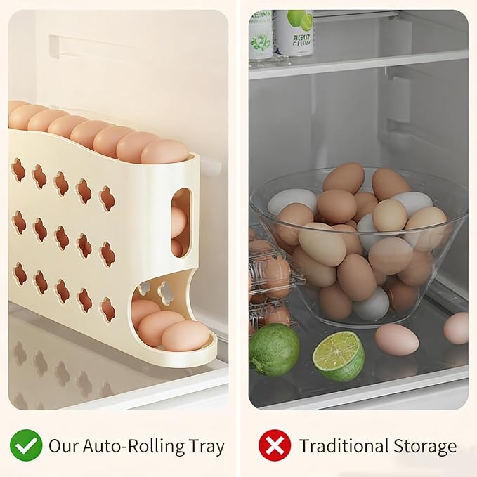 2026 Egg Holder for Fridge, Eggs Dispenser Auto Rolling, No Assembly Required Easy Access, Save Refrigerator Space, And Prevent Egg from Breaking, Large Capacity / Holds 30 Eggs (Beige)