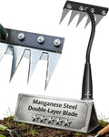 Garden Hand Rake Tool Manganese Steel 5/6/7/8 Teeth for Yard,Farm,Soil & Lawn Care Heavy Duty Weed Iron Metal Puller Grass Remover Landscaping Sickle Manual Thatch Cultivator Long Handle (5Teeth)