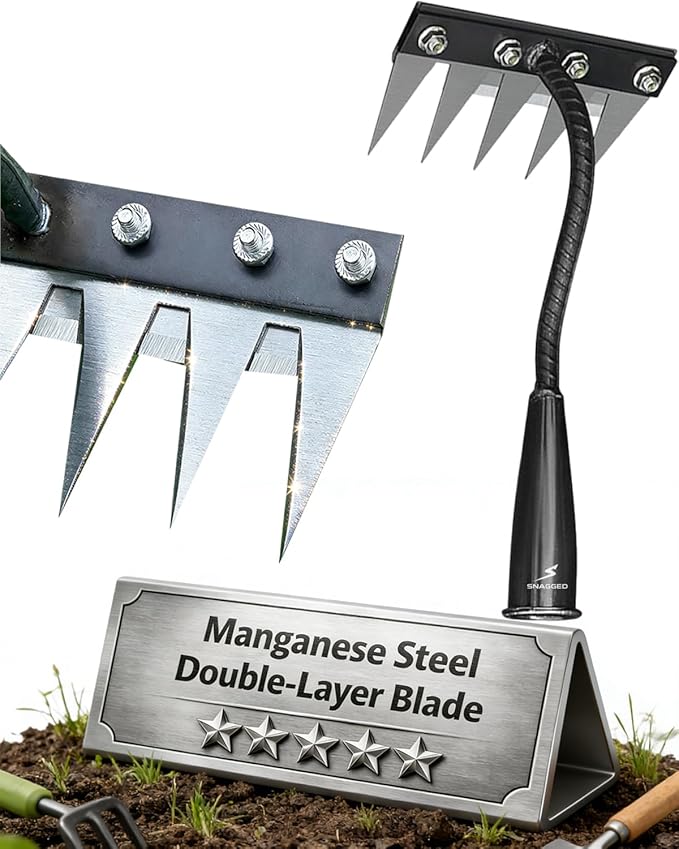 Garden Hand Rake Tool Manganese Steel 5/6/7/8 Teeth for Yard,Farm,Soil & Lawn Care Heavy Duty Weed Iron Metal Puller Grass Remover Landscaping Sickle Manual Thatch Cultivator Long Handle (5Teeth)