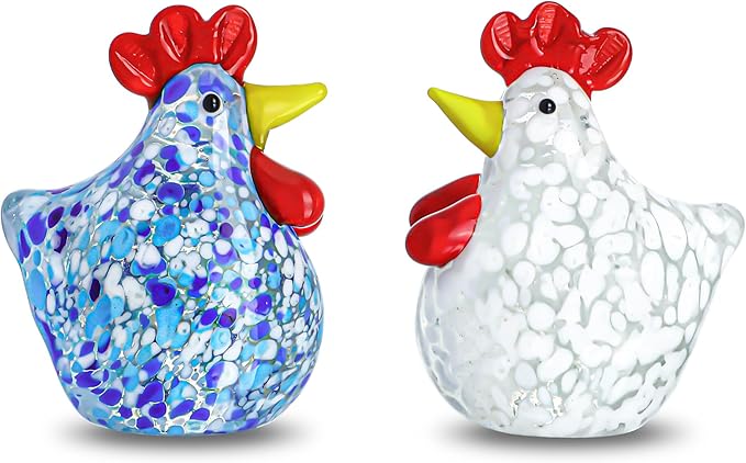 H&D HYALINE & DORA Blown Glass Chicken Figurines Set of 2 Handmade Art Glass Rooster Figurine Crystal Animal Figurine Collectible for Home Decoration Ornament