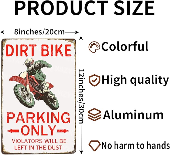 Dirt Bike Parking Only Violators Will Be Left In Dust Motorcross Tin Signs for Boys Metal Sign for Home Garage Bedroom 12×8 Inch