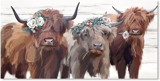 Highland Cow Canvas Wall Art: Cow Floral Picture Farmhouse Kitchen Decor Funny Animal Long Haired Scottish Cow Paintings Framed Rustic Country Wall Decor for Living Room Bedroom 20" x 40"