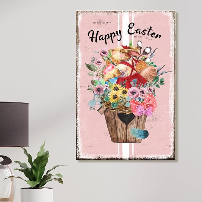 Happy Easter Flower Basket Bunny Wood Plaques French Style Floral Pink Stripes Wooden Sign Farmhouse Easter Decor Welcome Spring Hanging Sign Kitchen Laundry Room Wall Decor 12x18in