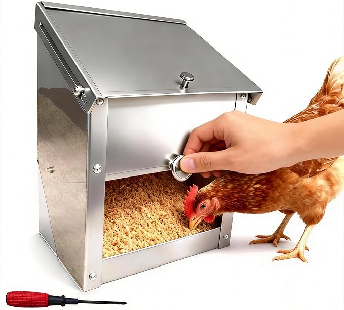 Stainless Steel Chicken Feeder 8Lbs - Manual Feed Quantity Control & Wall Mount Gravity Poultry Feeder with Push-Pull Lid for Chickens Ducks Geese Small Animals Indoor and Outdoor