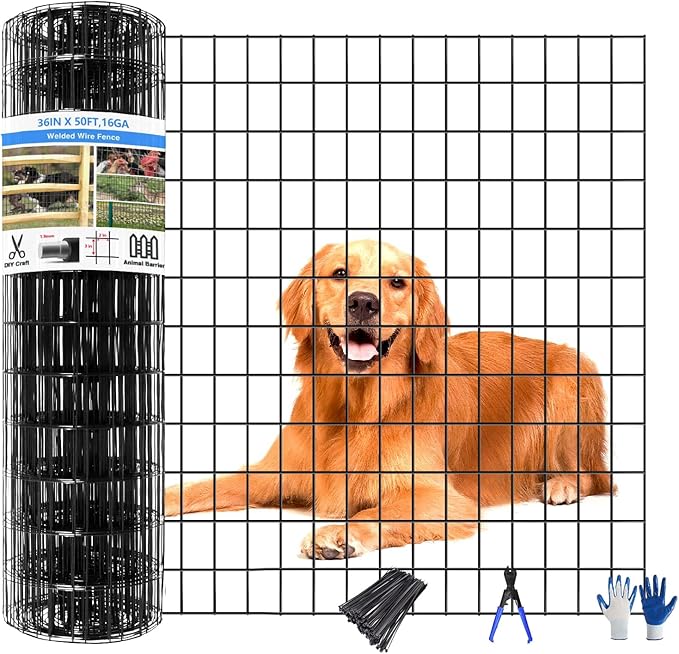 Welded Wire Fence, 100ft(L) x 36inch(H) PVC Coated Wire Fencing for Dog, 2 Inch x 3 Inch 16GA Fencing for Chicken, Anti-Rust Roll Metal Wire Mesh Fence for Yard Vegetable, Black