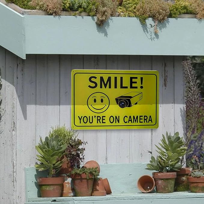 2-Pack Smile You're On Camera Metal Signs - 8x12 Inch Rust-Free Weather-Resistant Wall Decor with Pre-Drilled Holes, Humorous Surveillance Signs for Home, Bar, Man Cave, Garage, Farm, Outdoor & Indoor