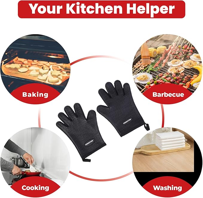 Silicone BBQ Cooking Gloves with Meat Smoker Guide，Heat Resistant Oven Mitts with Fingers，Long Protective Cotton Lined Barbecue Grilling Gloves 1 Pair for Kitchen, Cooking, and Baking Gifts (Black)