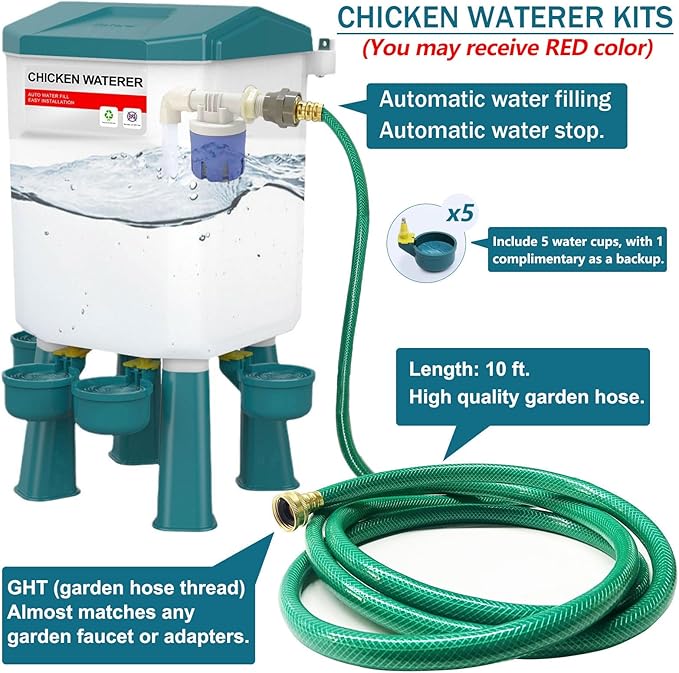 Float-Controlled Automatic Chicken Waterer & No Waste Feeder Kits - Chicken Coop Accessories, Poultry Waterer and Feeder, Two Buckets 3 Gallon/18-23 Pounds