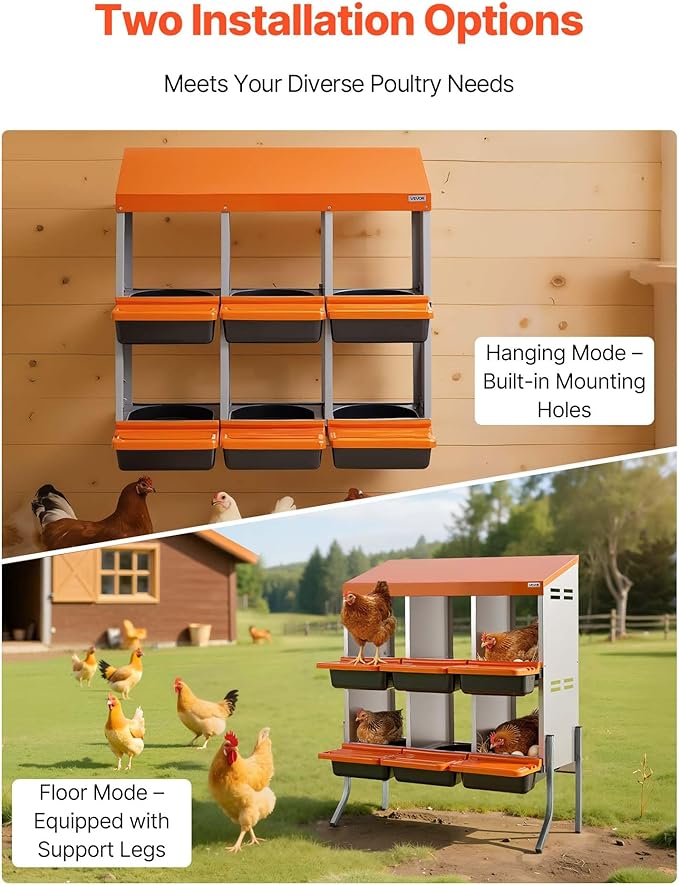 VEVOR Chicken Nesting Boxes, 6 Compartments, with Support Legs, Easy Egg Collection, Galvanized Steel and High-Strength Plastic, Roll Away Nesting Boxes for Chickens and Hens Laying Eggs, Orange