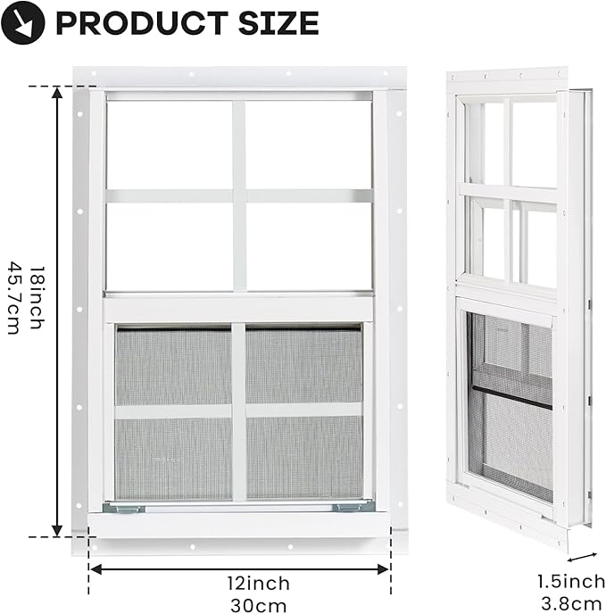 Shed Windows 2 Pack, Chicken Coop Windows 12" x 18" with Tempered Glass and Fiberglass Screen, Flush Mounted Small Window for Shed, Barns, Playhouse, Household, Garage (White)
